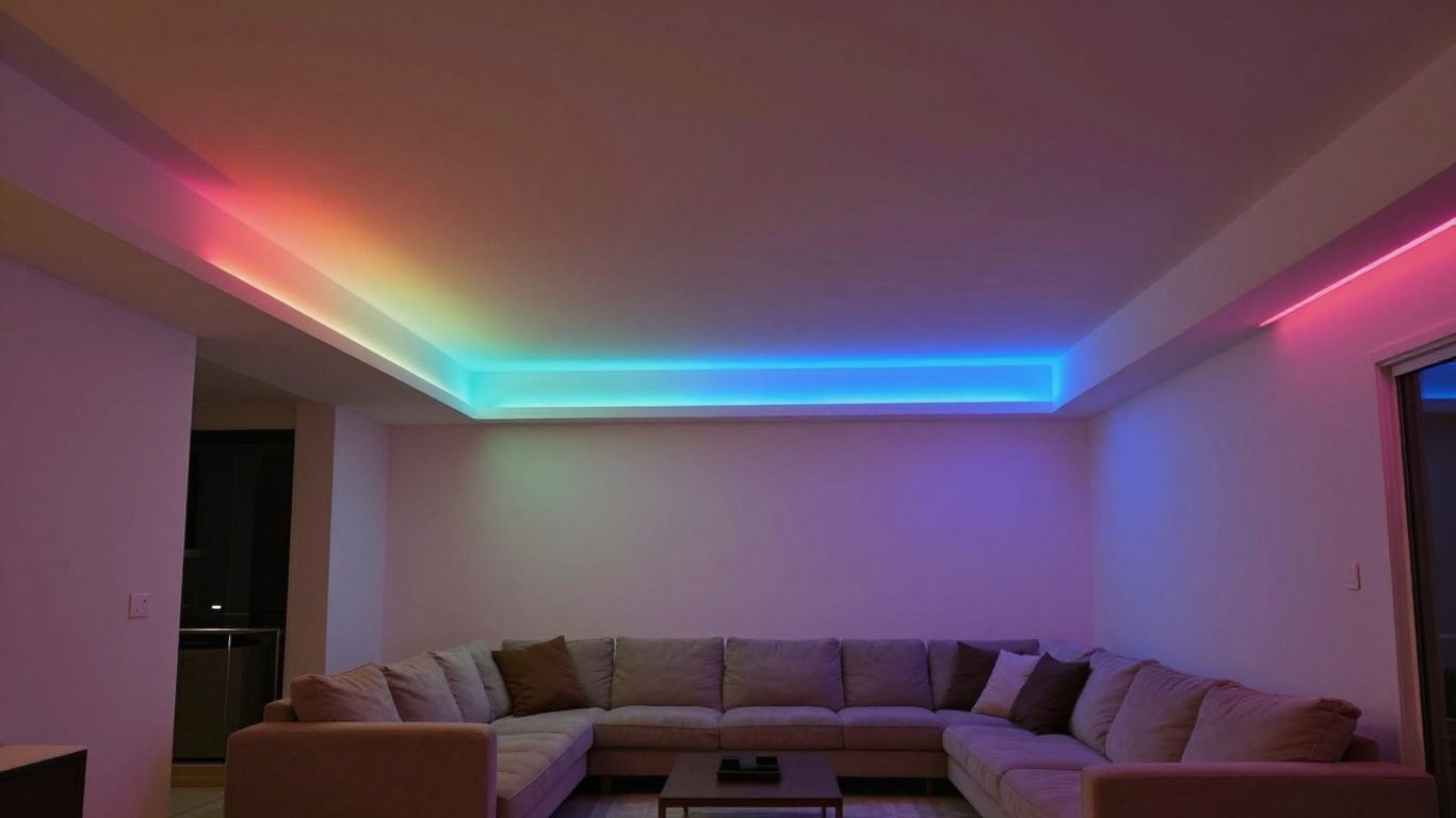 Ceiling with colourful LED strip lights glowing softly.