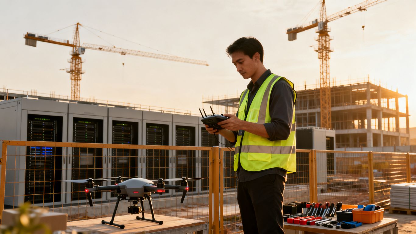 Drone pilot documenting a major construction site