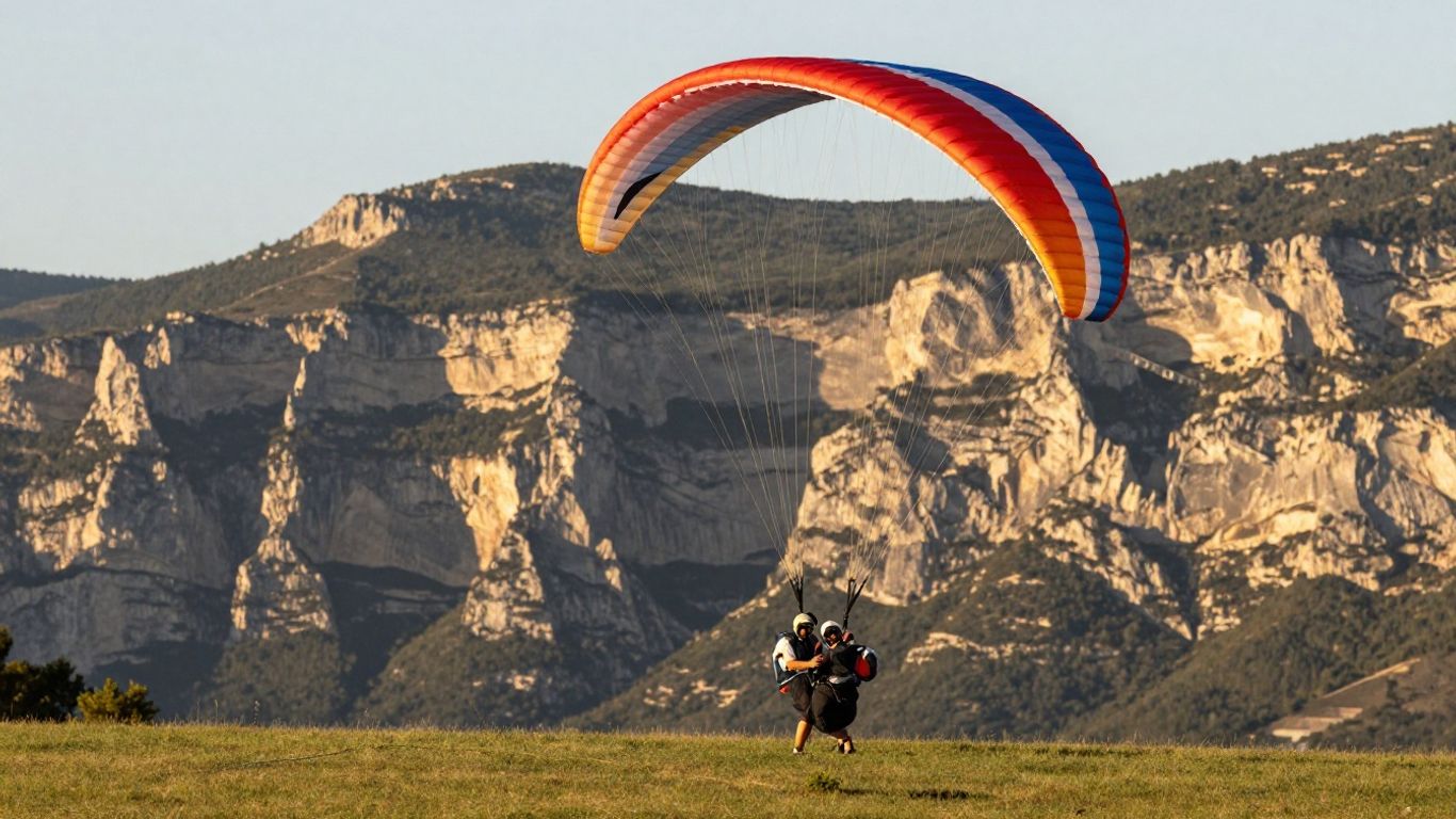 Tandem paraglider preparing beside Verdon cliffs