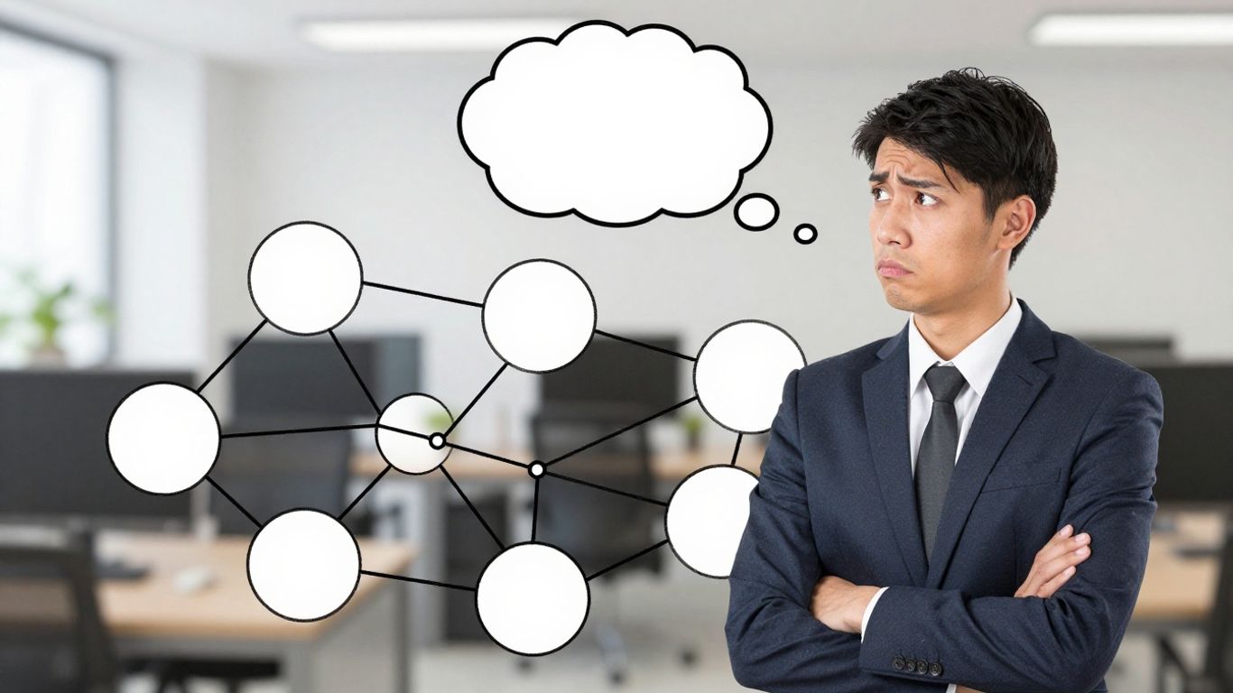 Persona confundida con un diagrama de red complejo.