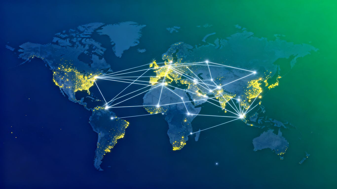 World map with connecting lines showing press release distribution.