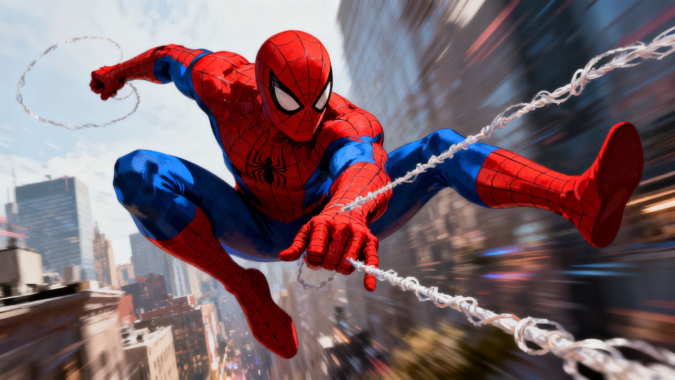 Spider-Man swinging through a city, PC release date announced.