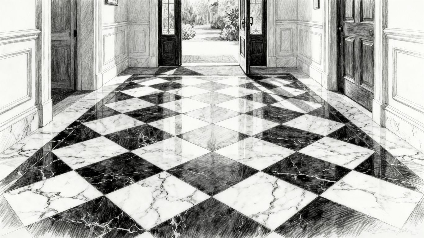 A grand entryway with patterned marble floors