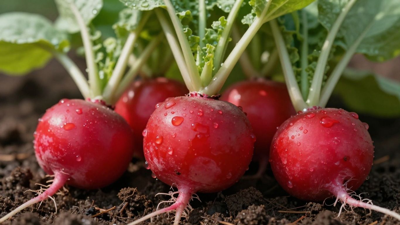 Frisch geerntete Radieschen mit grünen Blättern aus Erde