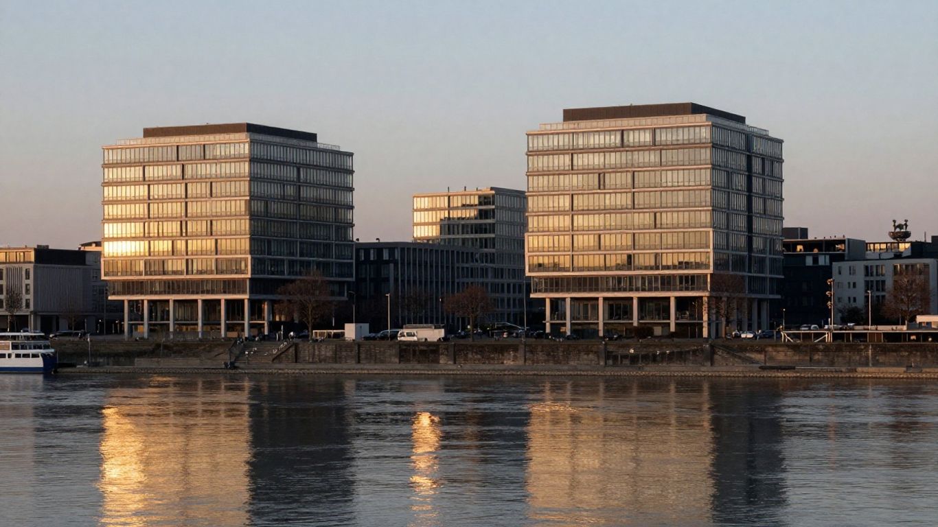 Moderne Kölner Architektur am Rhein im goldenen Morgenlicht. Steuerberater Köln: Porz, Kalk, Ehrenfeld & Mülheim