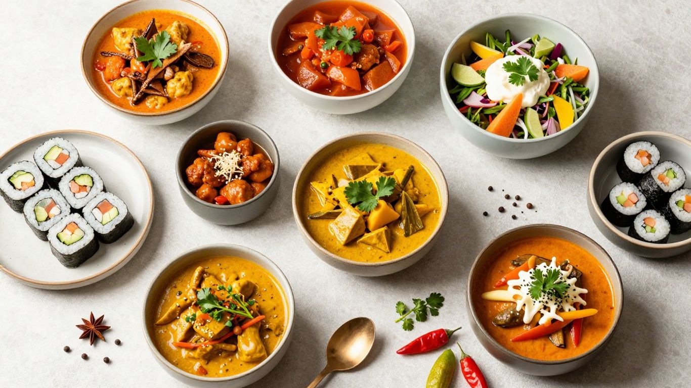 Colorful global dishes with fresh herbs and spices.