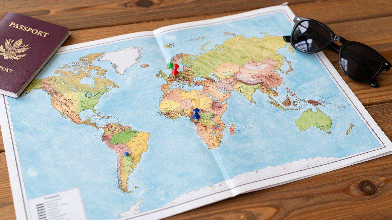 Personalized travel map with pins and travel items.