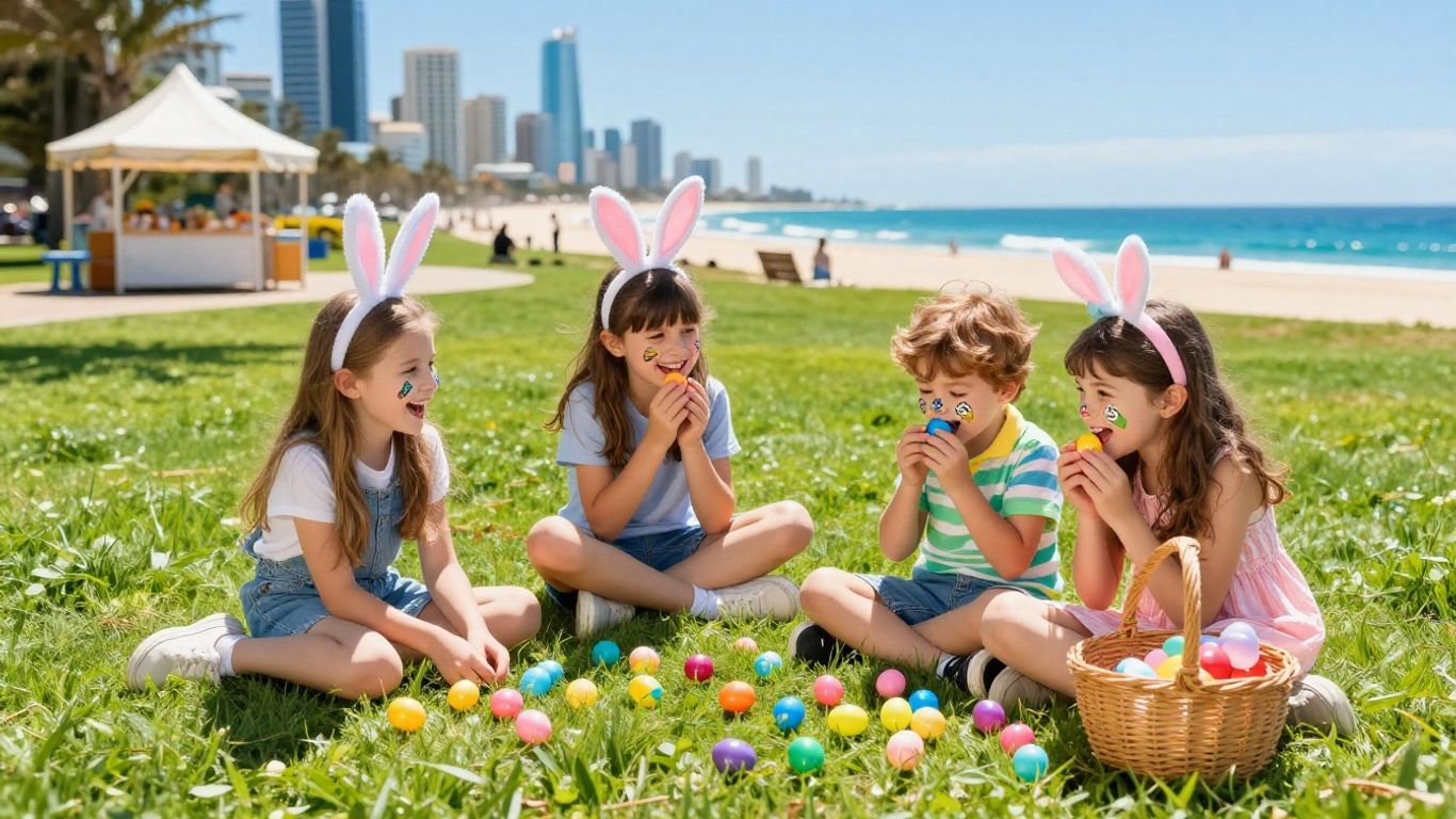 Families celebrating Easter on the Gold Coast with egg hunts.