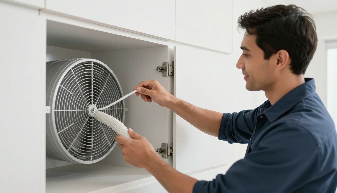 A friendly, professional technician from PT Duct Cleaning explaining the air duct and dryer vent safety process to a customer in their home