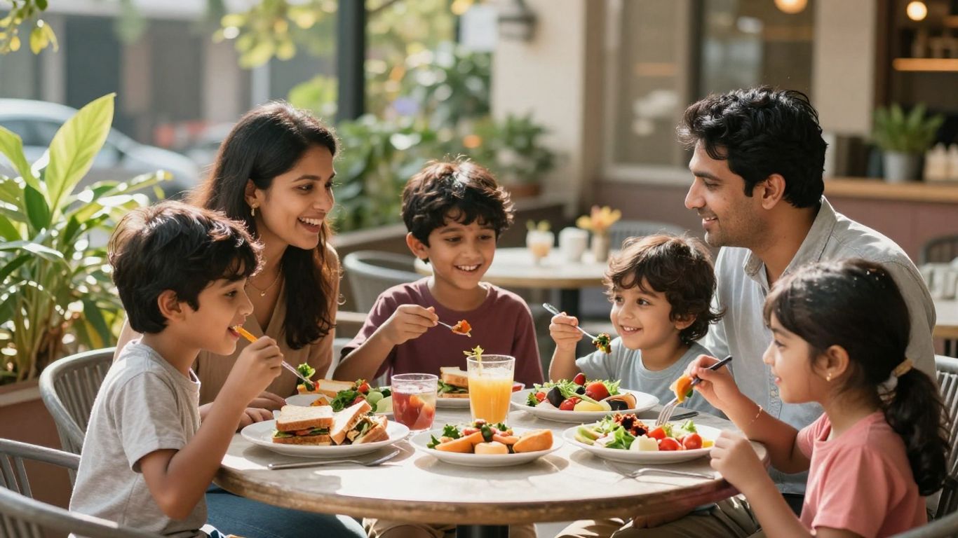 Gezin geniet van een vrolijke lunch buiten.
