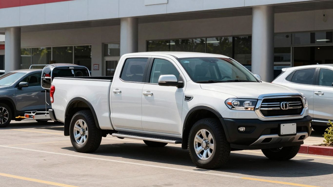 Pickup truck towing a car near a dealership.