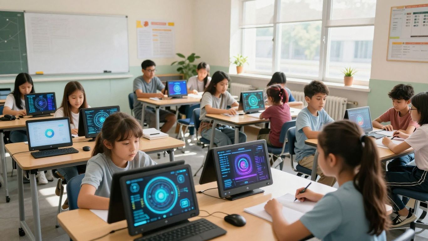Students using futuristic technology in a modern classroom.