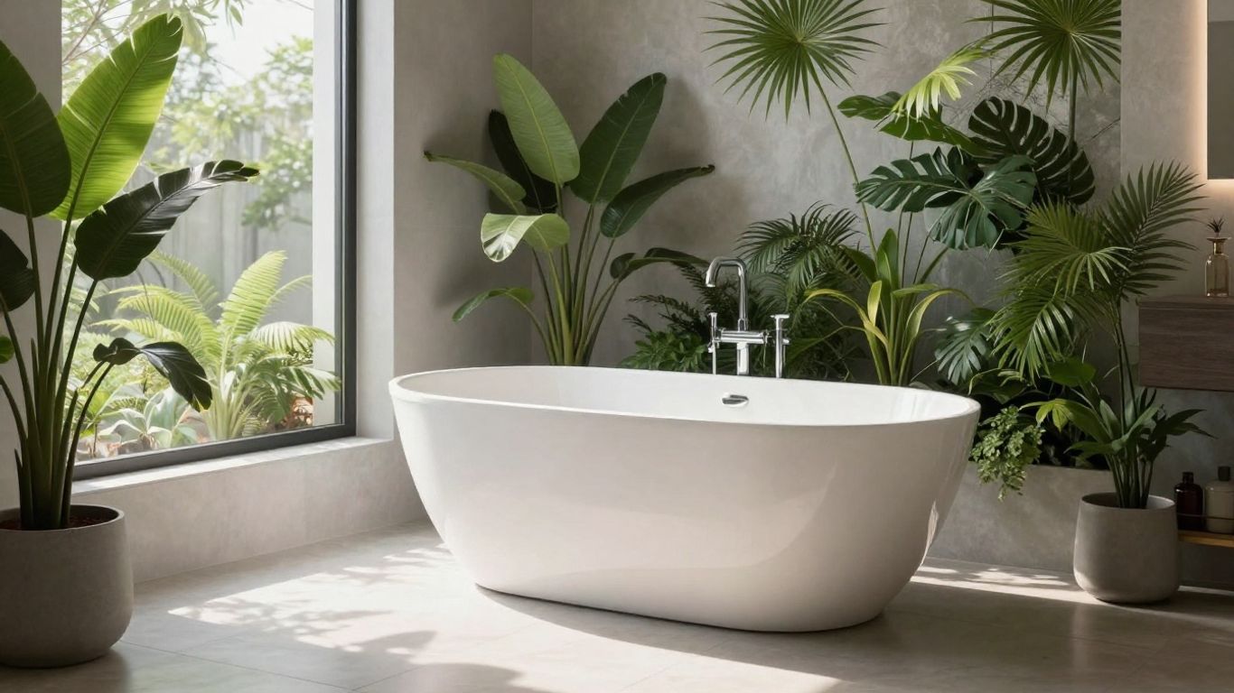 Elegant freestanding bathtub in a sunlit modern bathroom.