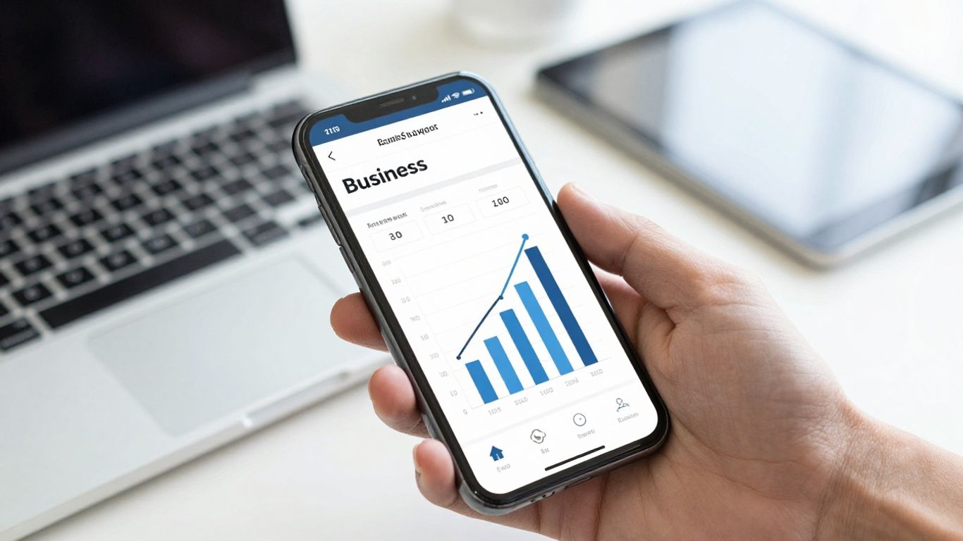 Hand holding smartphone with business growth chart, laptop and tablet.