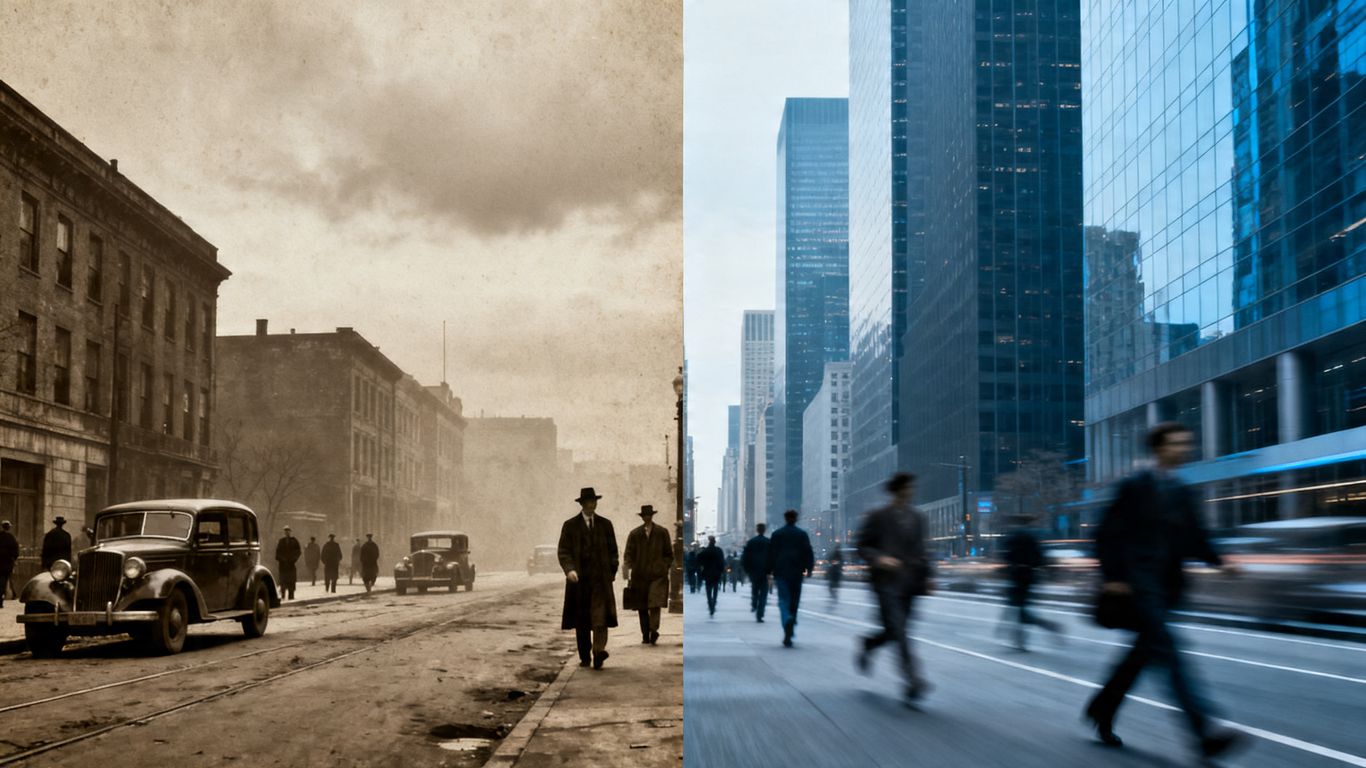 Great Depression street scene contrasted with modern financial district.