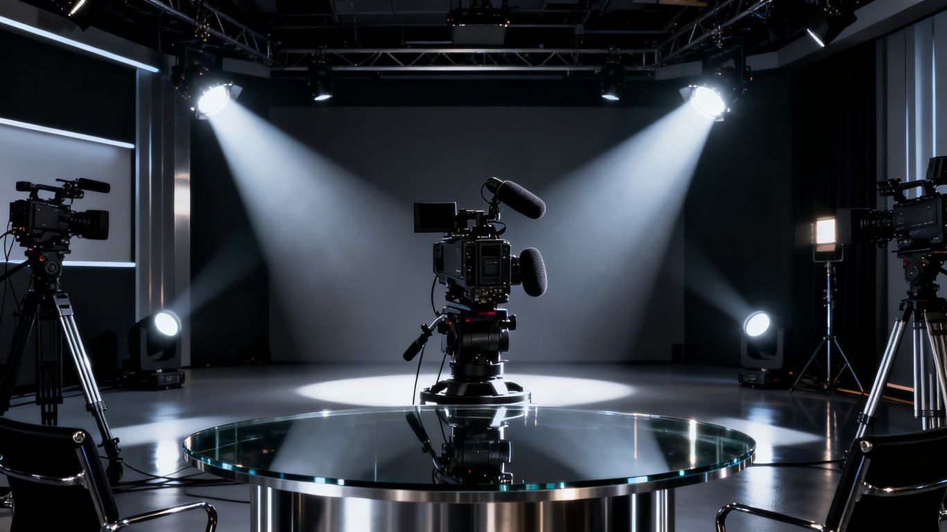 Professional video studio lighting and sound equipment.