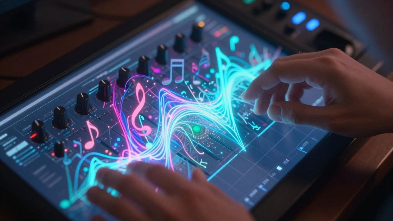 Hands interacting with a futuristic AI music creation interface.