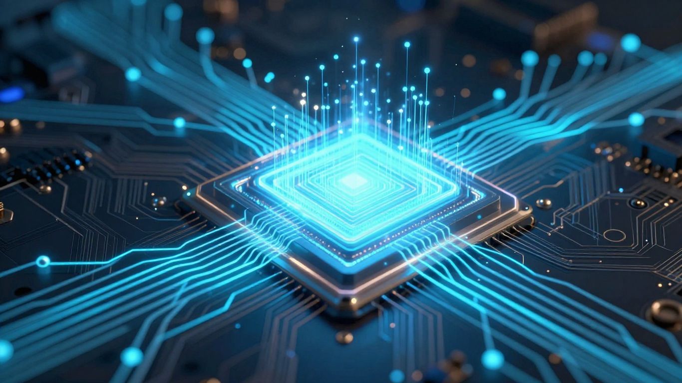 Computação quântica com circuitos brilhantes e futuristas.