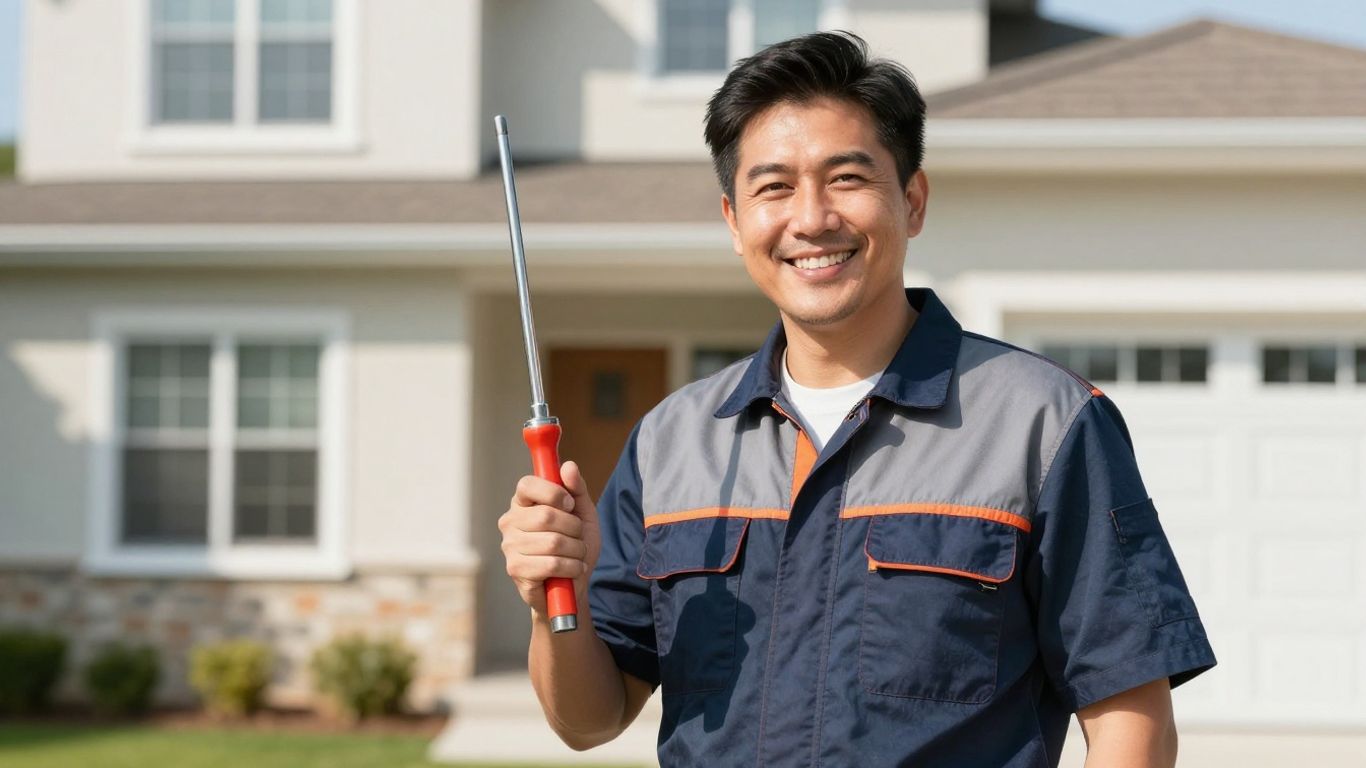 HVAC technician smiling outside a house