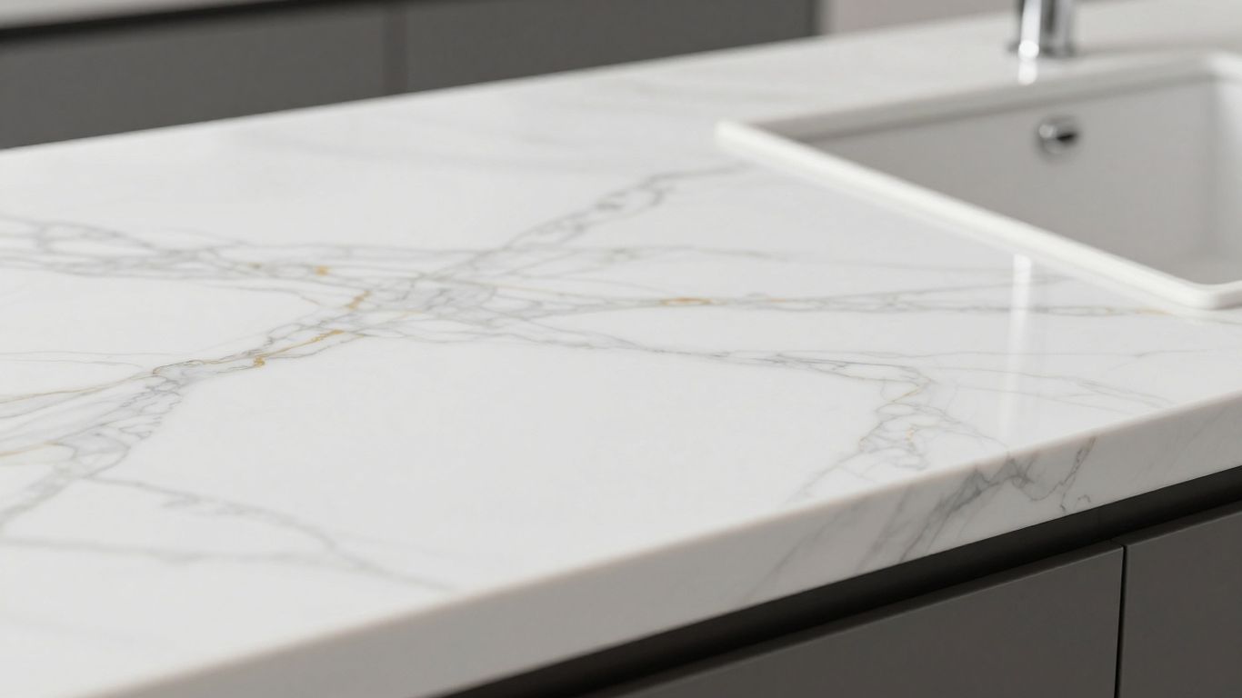 Luxurious white marble effect kitchen worktop with grey veins.