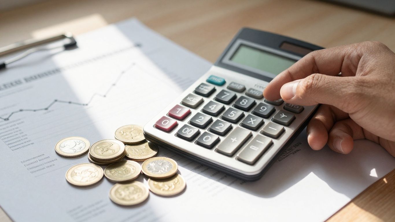 Hands with calculator and coins, business documents background.