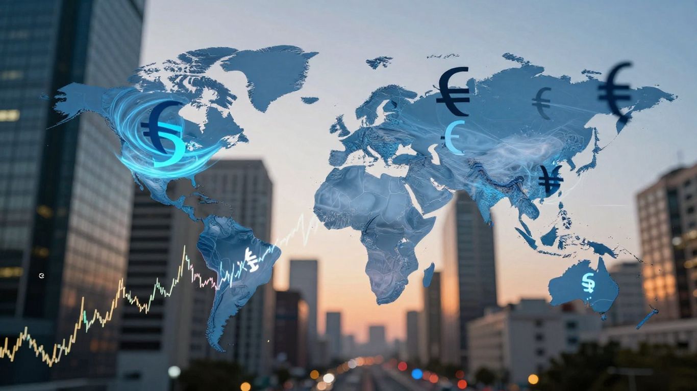 Forex market volatility with currency symbols.