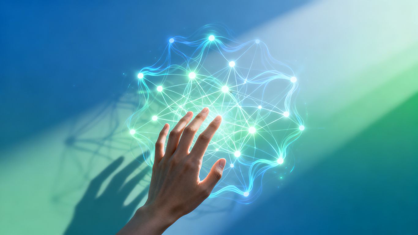Human hand interacting with a glowing AI neural network.