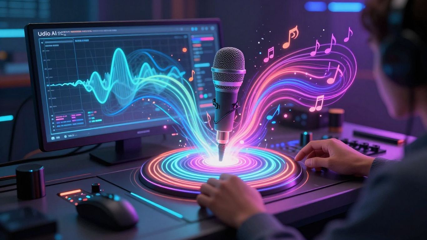 Udio AI song generator interface with sound waves and notes.