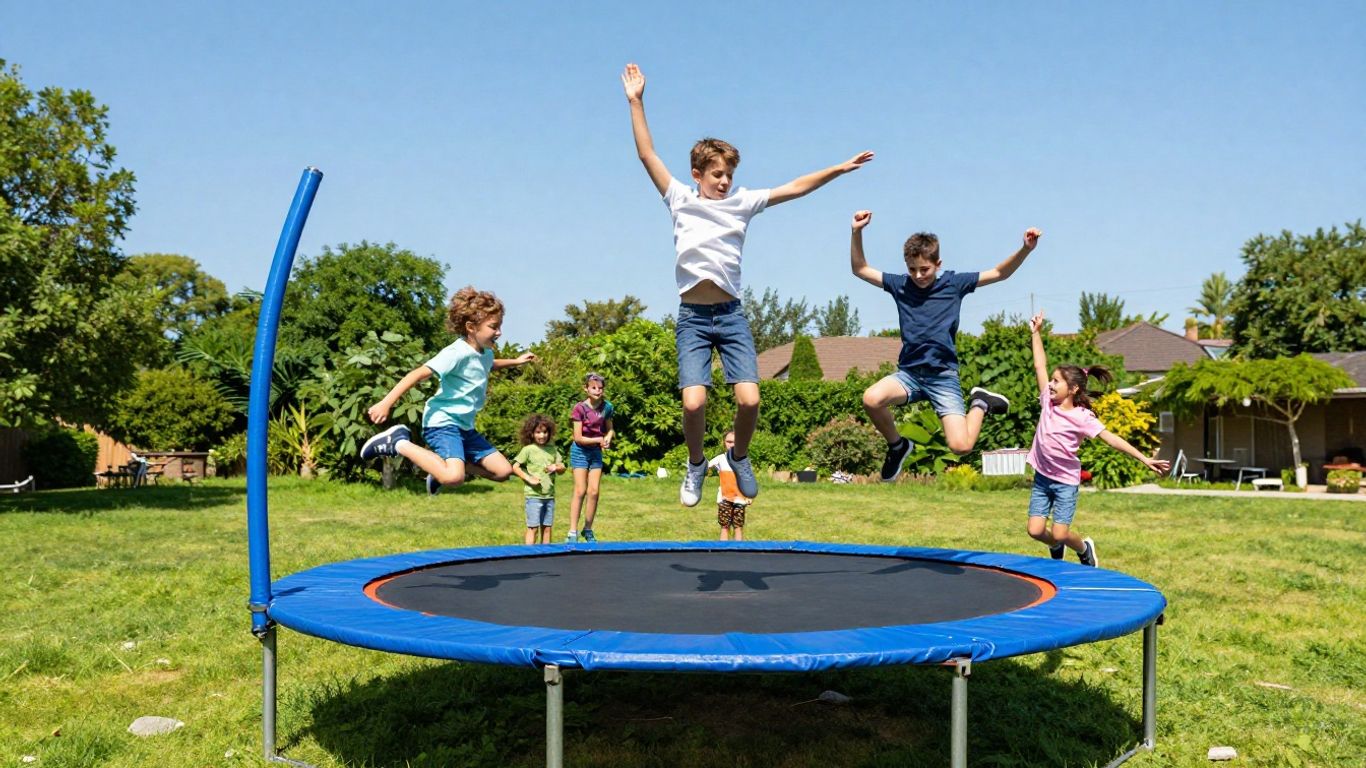 Children jumping high on a large backyard trampoline.