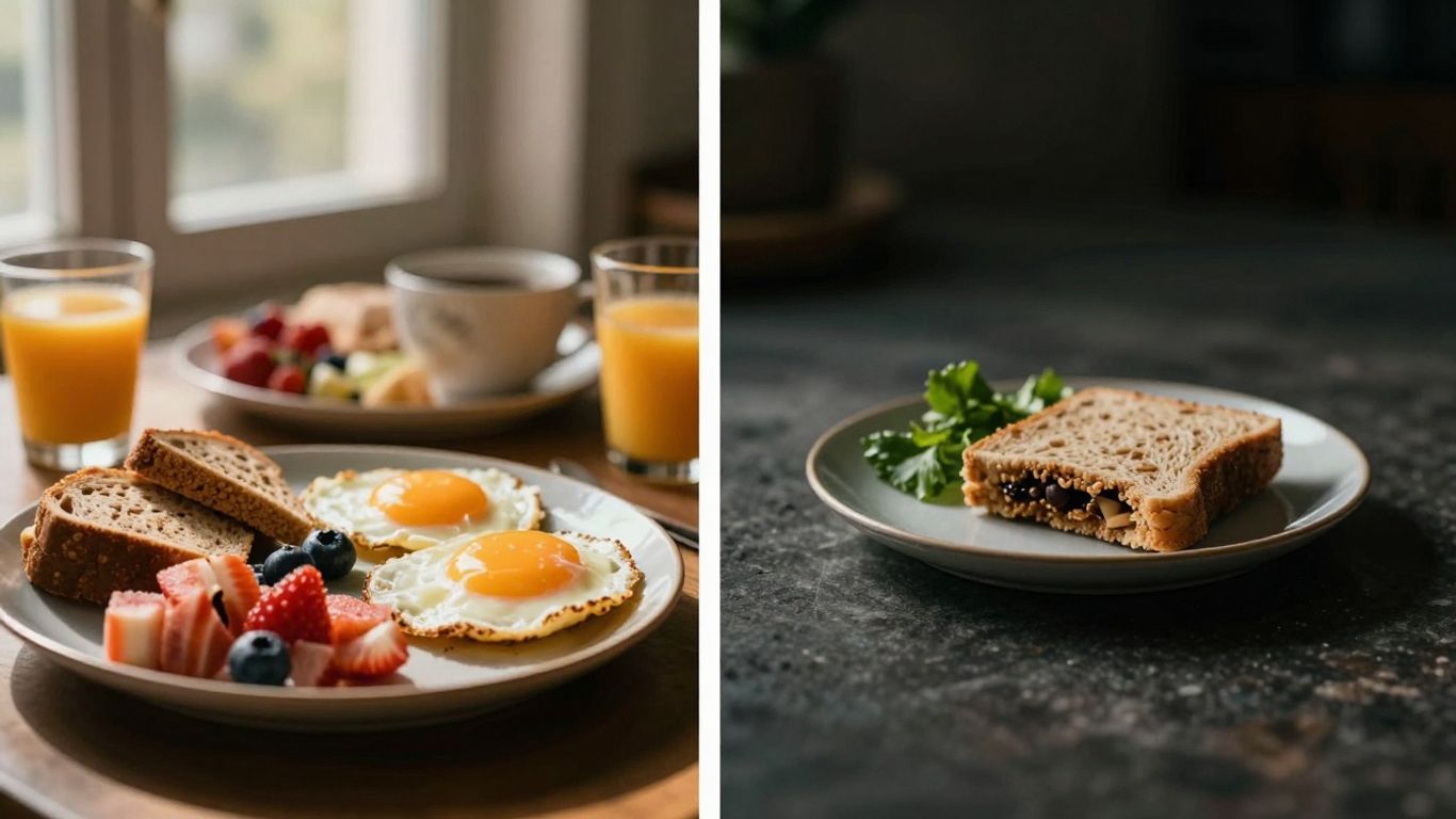 Healthy breakfast and evening snack split image.