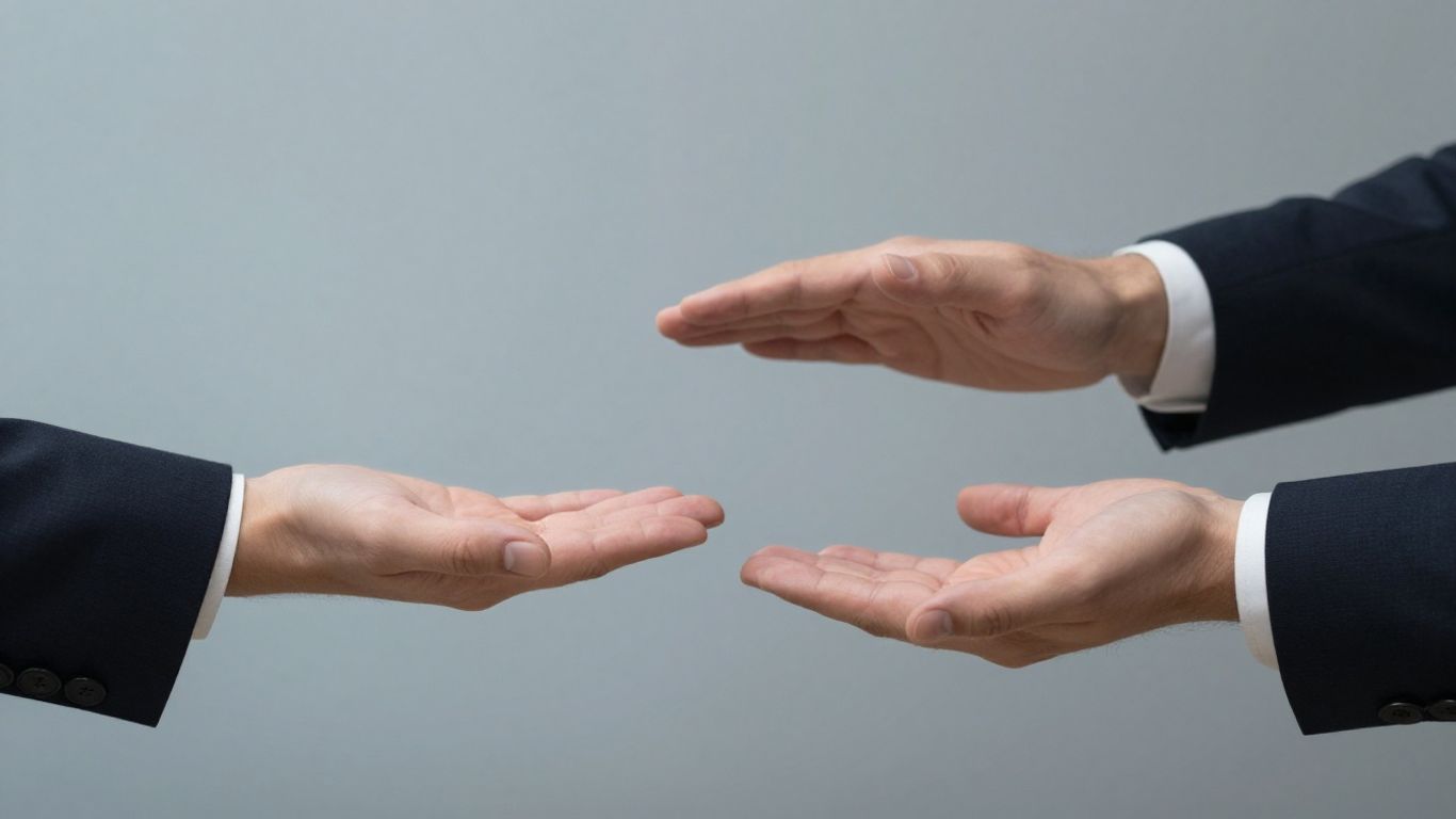 Two hands reaching, one in suit, one in collar.