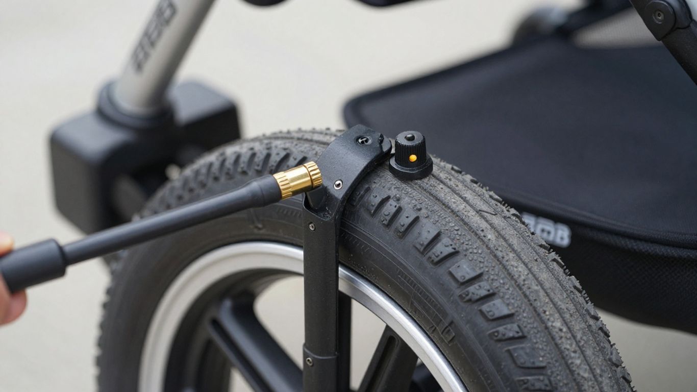 BOB stroller tire inflation with portable pump.