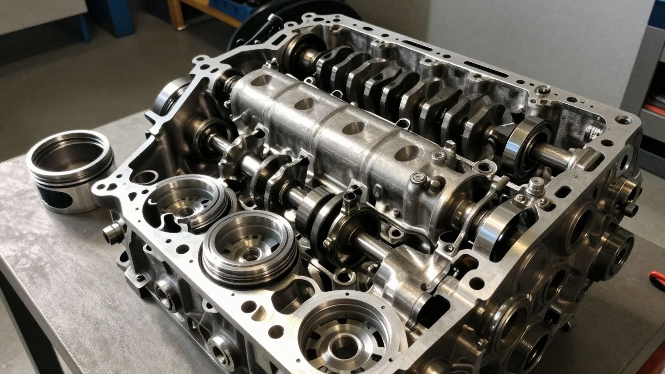 BMW engine parts laid out for wrecking.