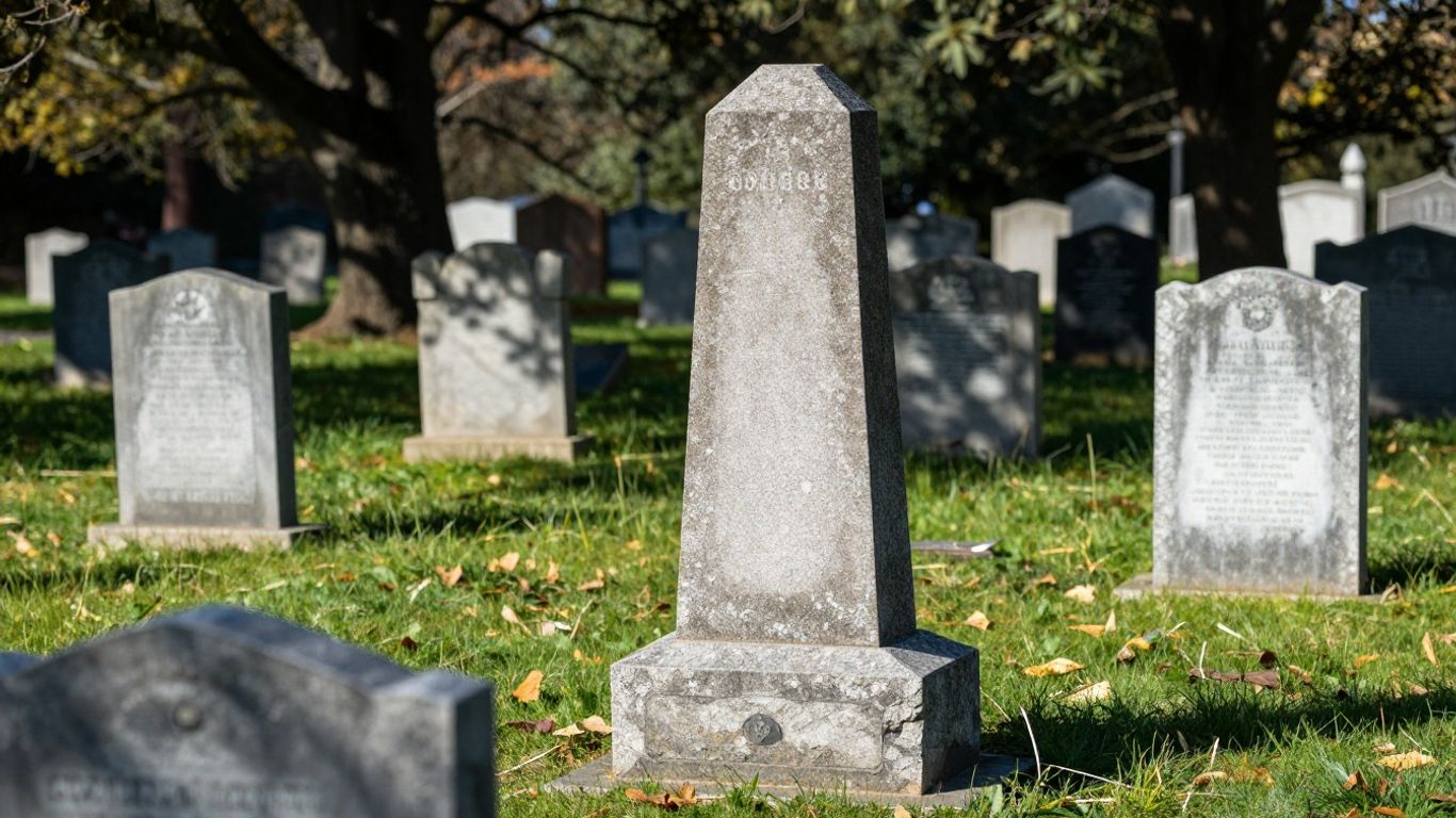 Cemetery with different types of headstones and monuments.