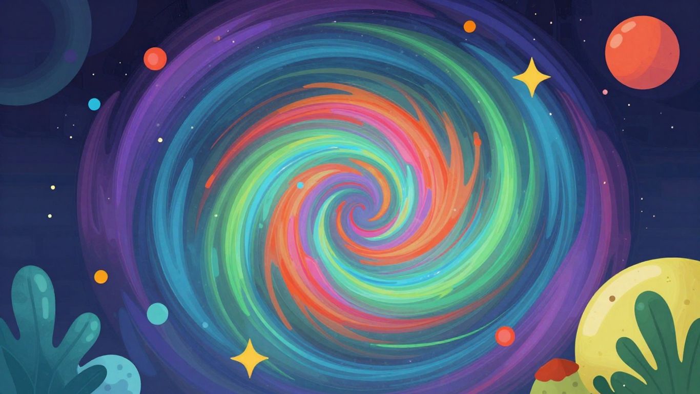 Abstract colorful shapes forming a game-like scene.