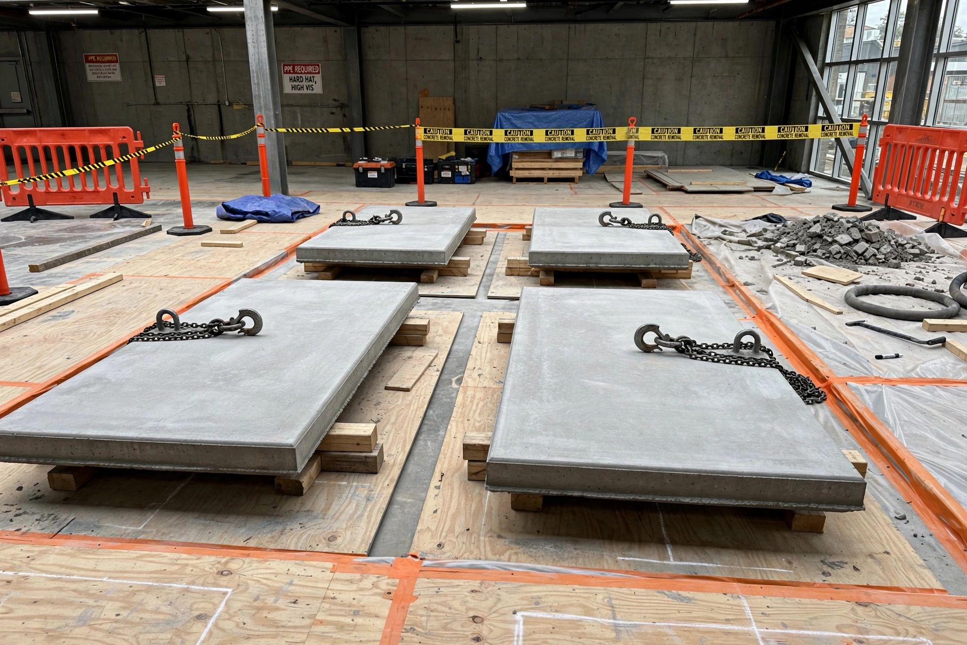 Cleanly cut sections of a concrete slab separated and ready for lifting, with straight diamond-sawn edges and the surrounding floor protected