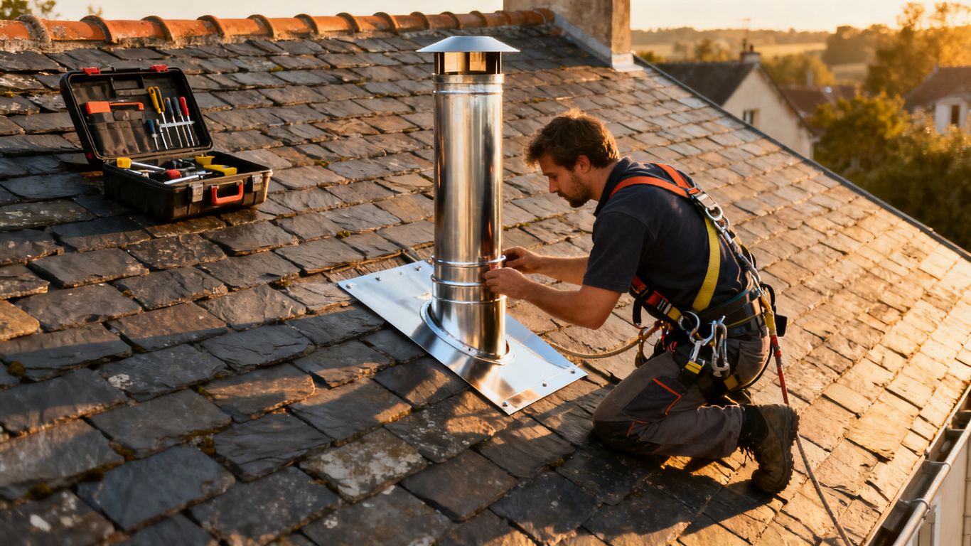Technicien contrôlant conduit de cheminée toiture