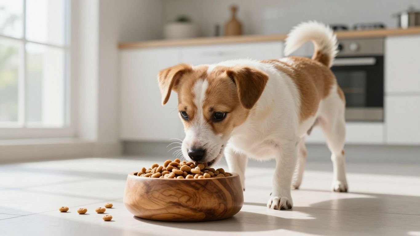 Chien heureux mangeant dans un bol en bois