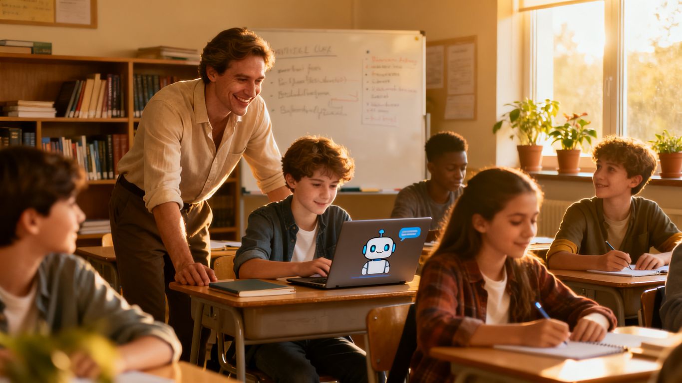 Teacher and students in a classroom with a laptop.