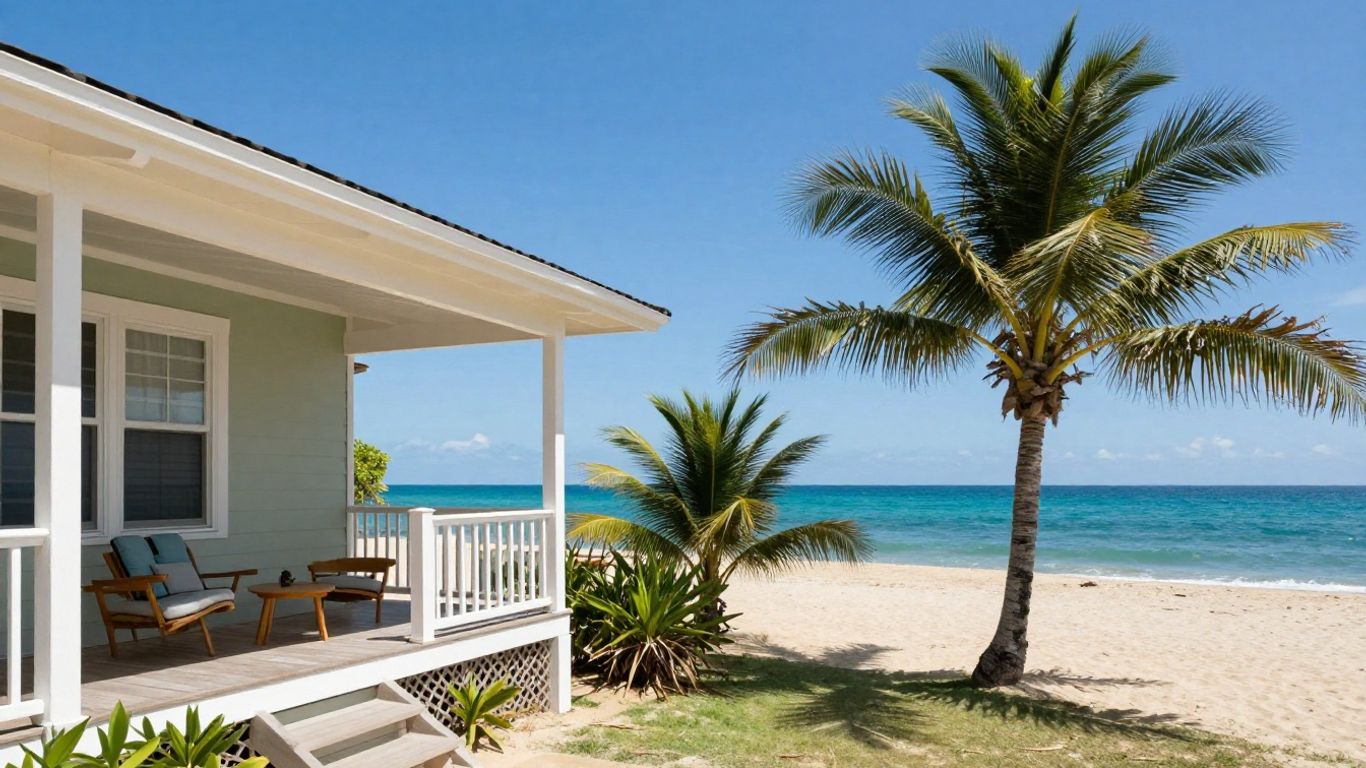 Myrtle Beach oceanfront property with palm trees.