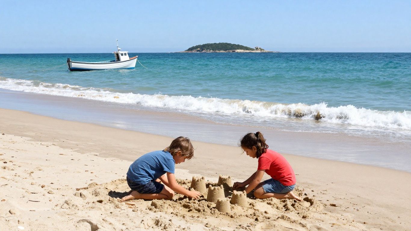 Family playing on a sunny Vendée beach with a fishing boat.