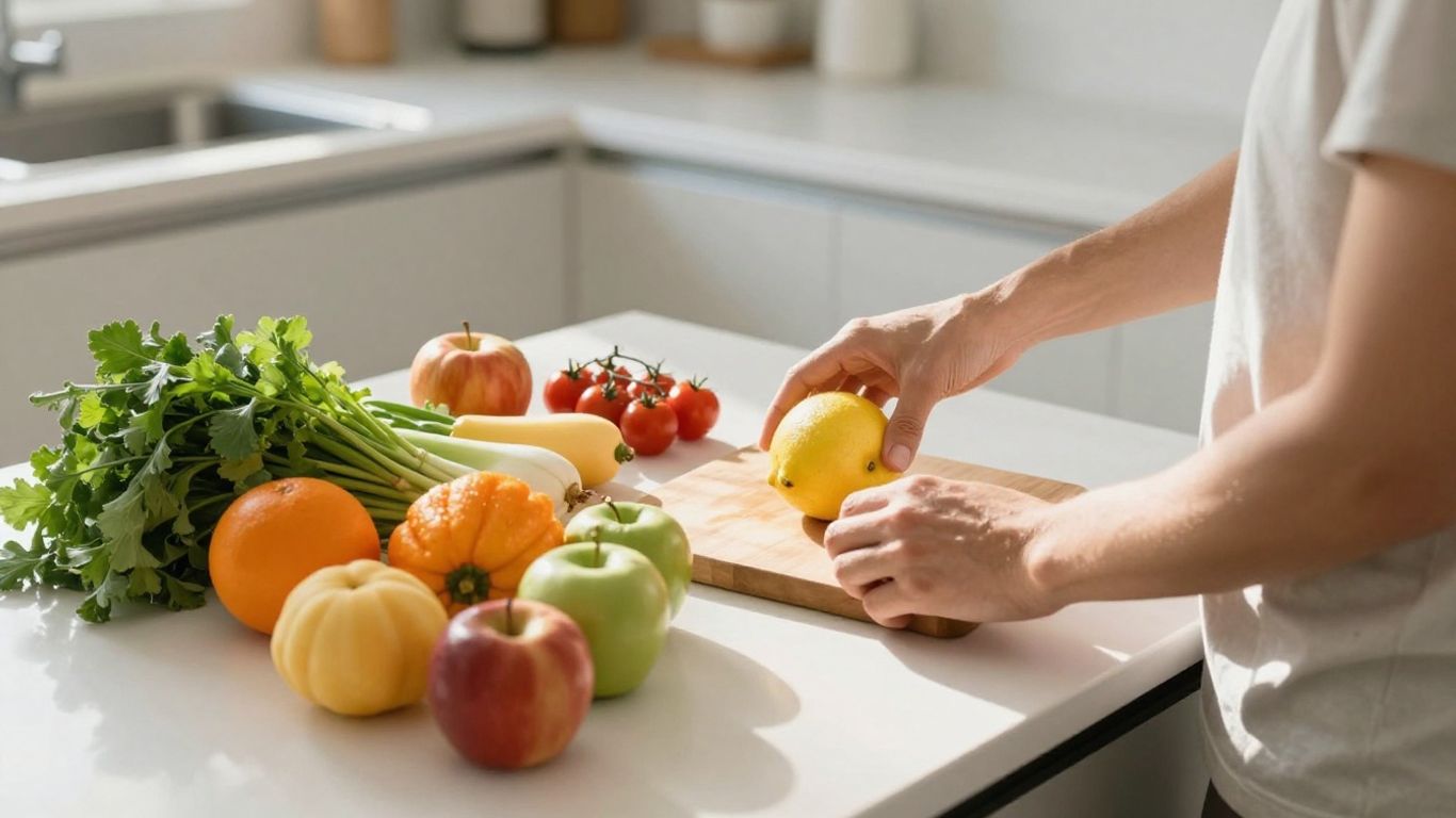 Minimalist kitchen counter with fresh fruits and vegetables.