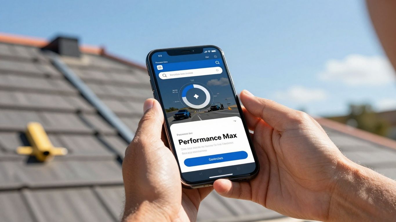 Roofer using phone for PMax campaign analysis on a roof.