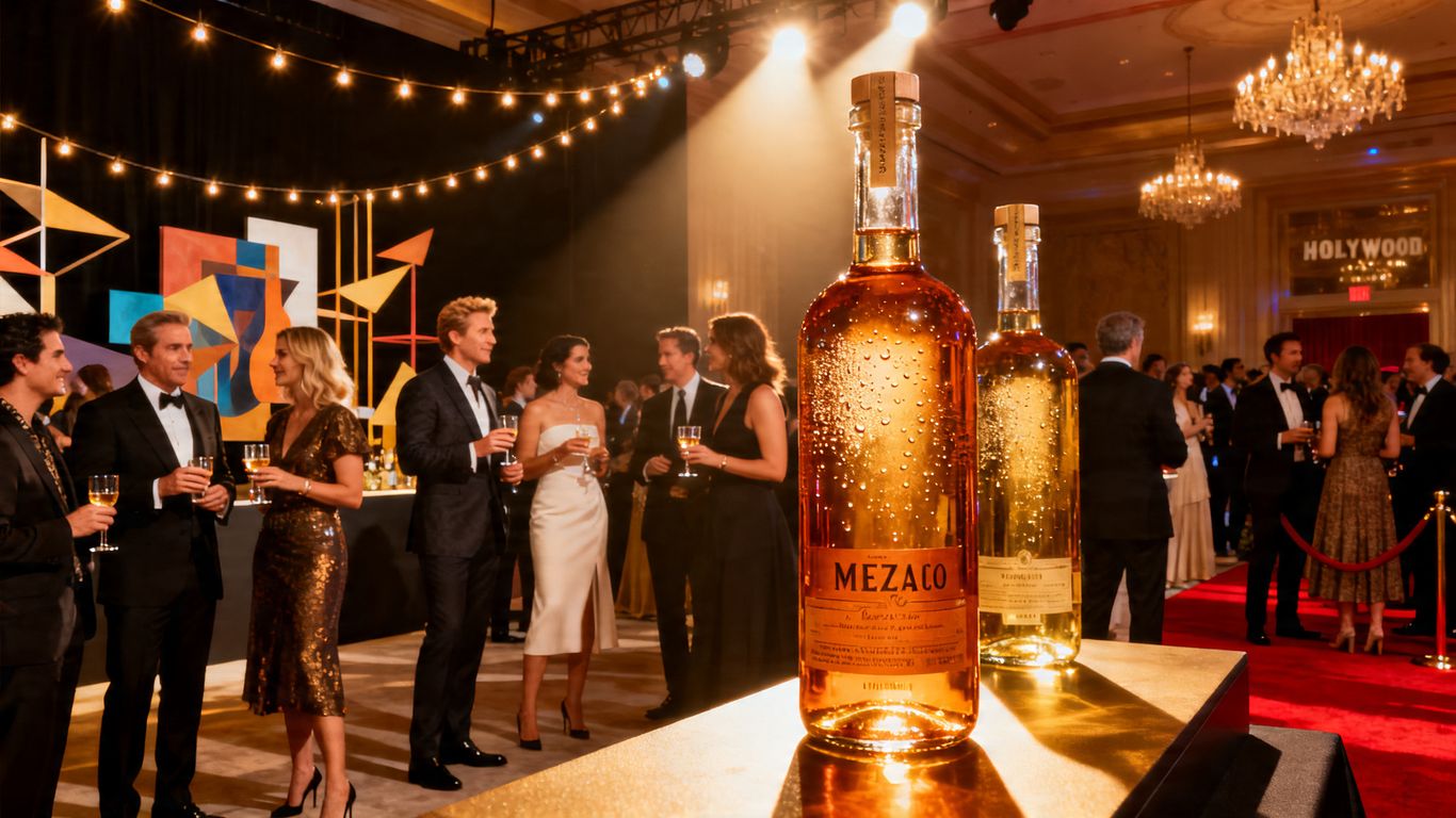 Mezcal bottles and people at a festival event.