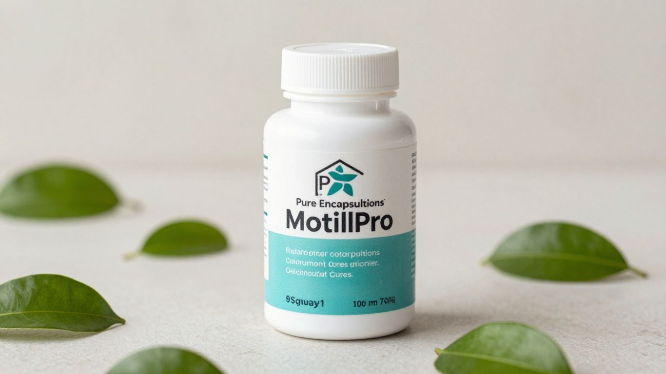 Bottle of MotilPro supplement with green leaves.