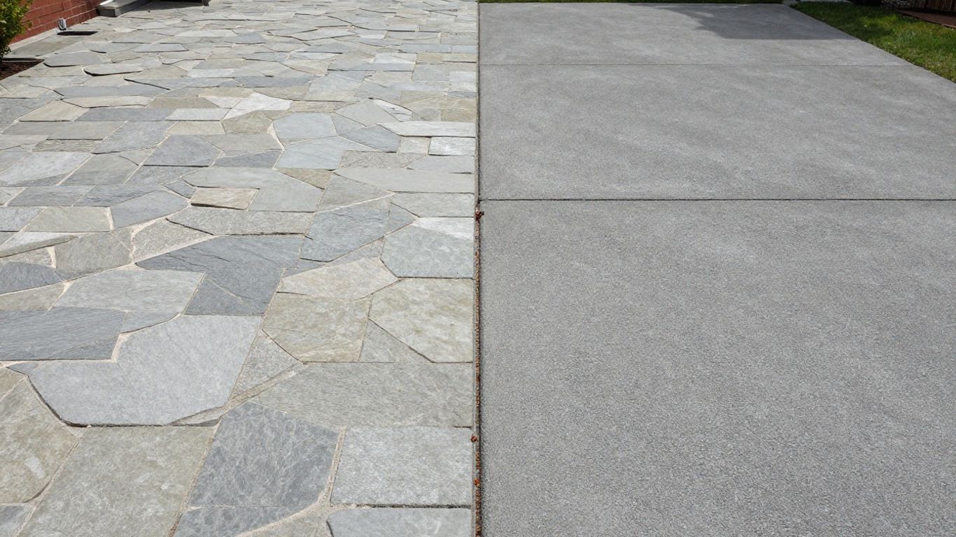 Real stone patio next to stamped concrete patio.