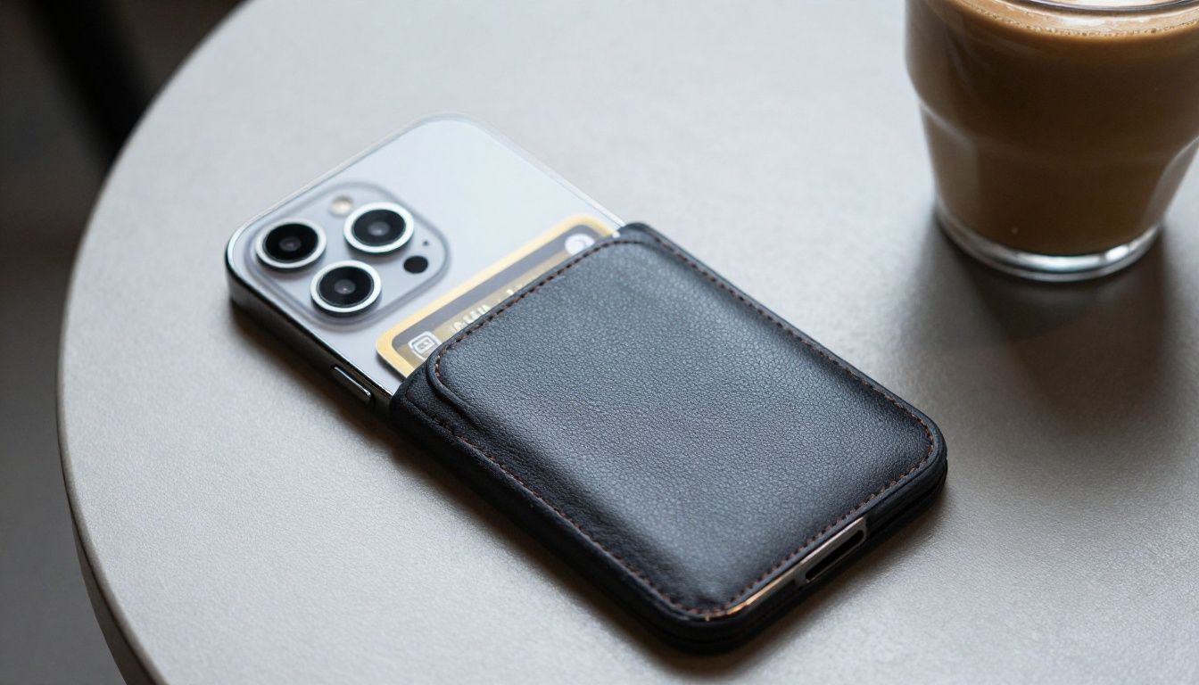A close-up of an iPhone 14 Pro Max in a wallet case, with a credit card partially visible, sitting on a cafe table next to a flat white coffee.