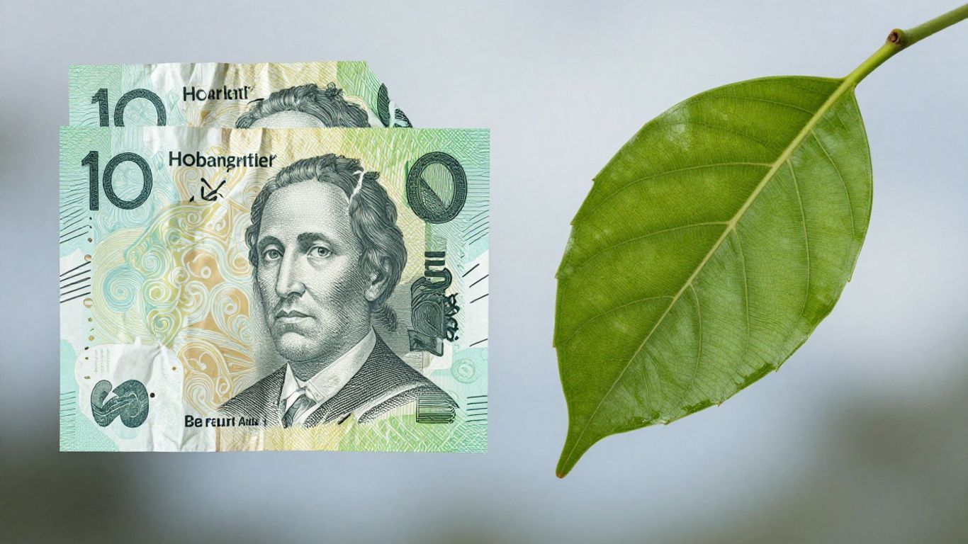 Australian dollar bill and green leaf