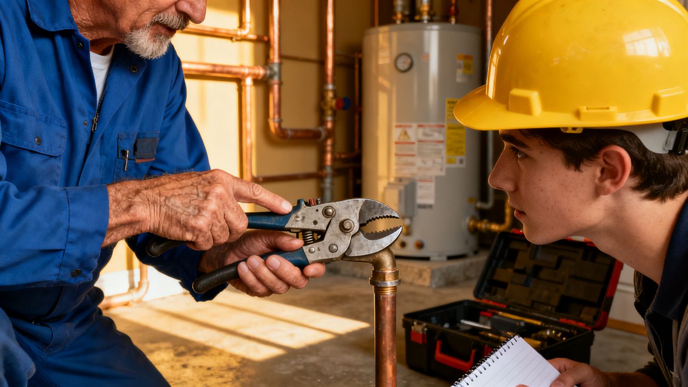 Veteran plumber mentoring a trainee