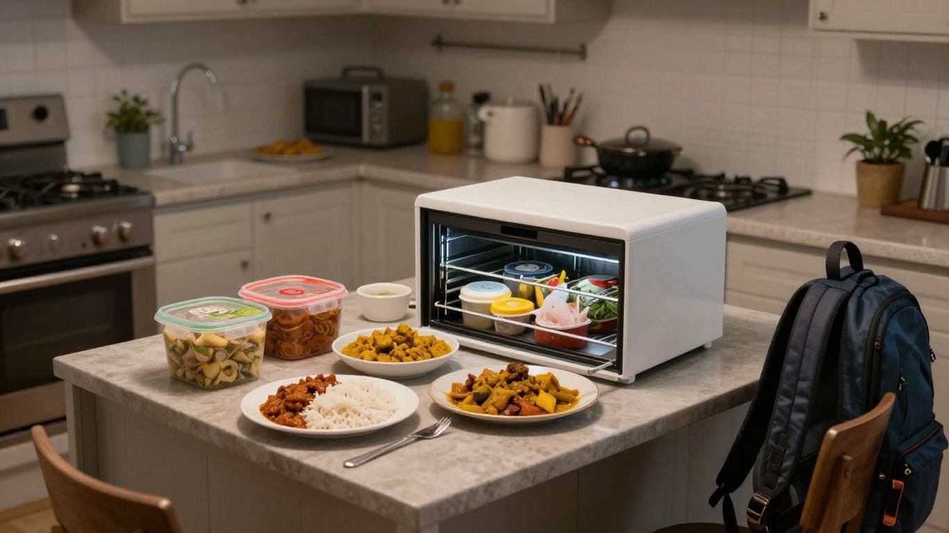 Indian meal containers arranged in a Birmingham home kitchen